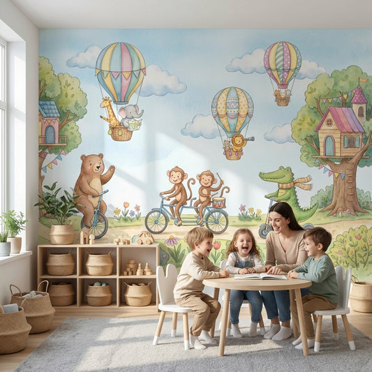 Balonlu Hayvanlar Poster Duvar Kağıdı Pastel Mavi Çocuk Odası