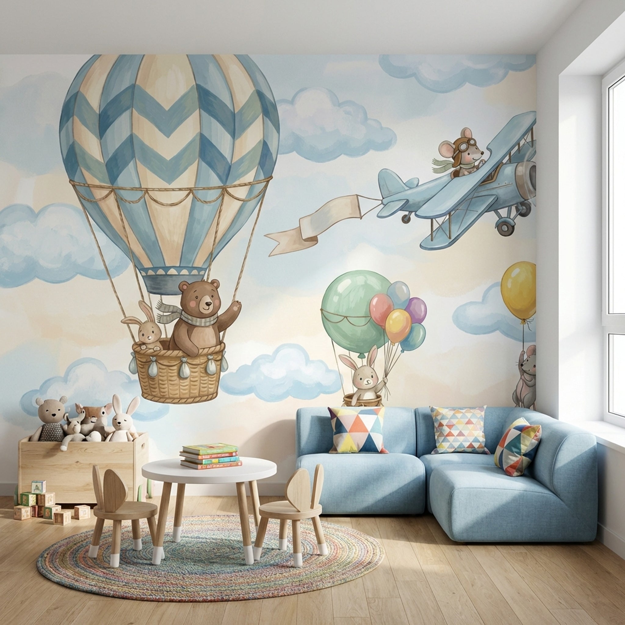 Balon ve Uçaklı Poster Duvar Kağıdı Mavi Çocuk Odası