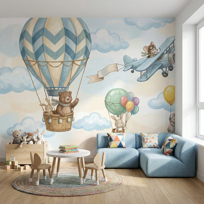 Balon ve Uçaklı Poster Duvar Kağıdı Mavi Çocuk Odası