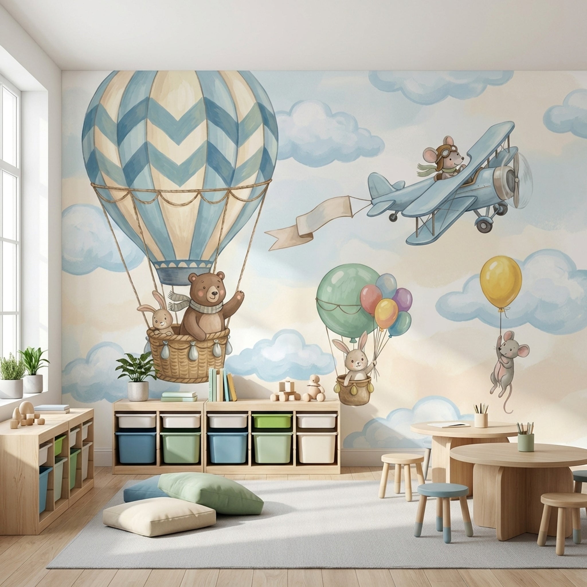 Balon ve Uçaklı Poster Duvar Kağıdı Mavi Çocuk Odası