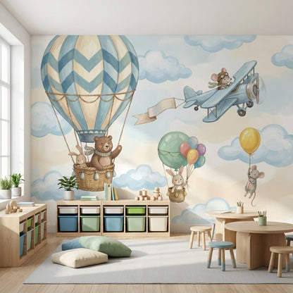 Balon ve Uçaklı Poster Duvar Kağıdı Mavi Çocuk Odası