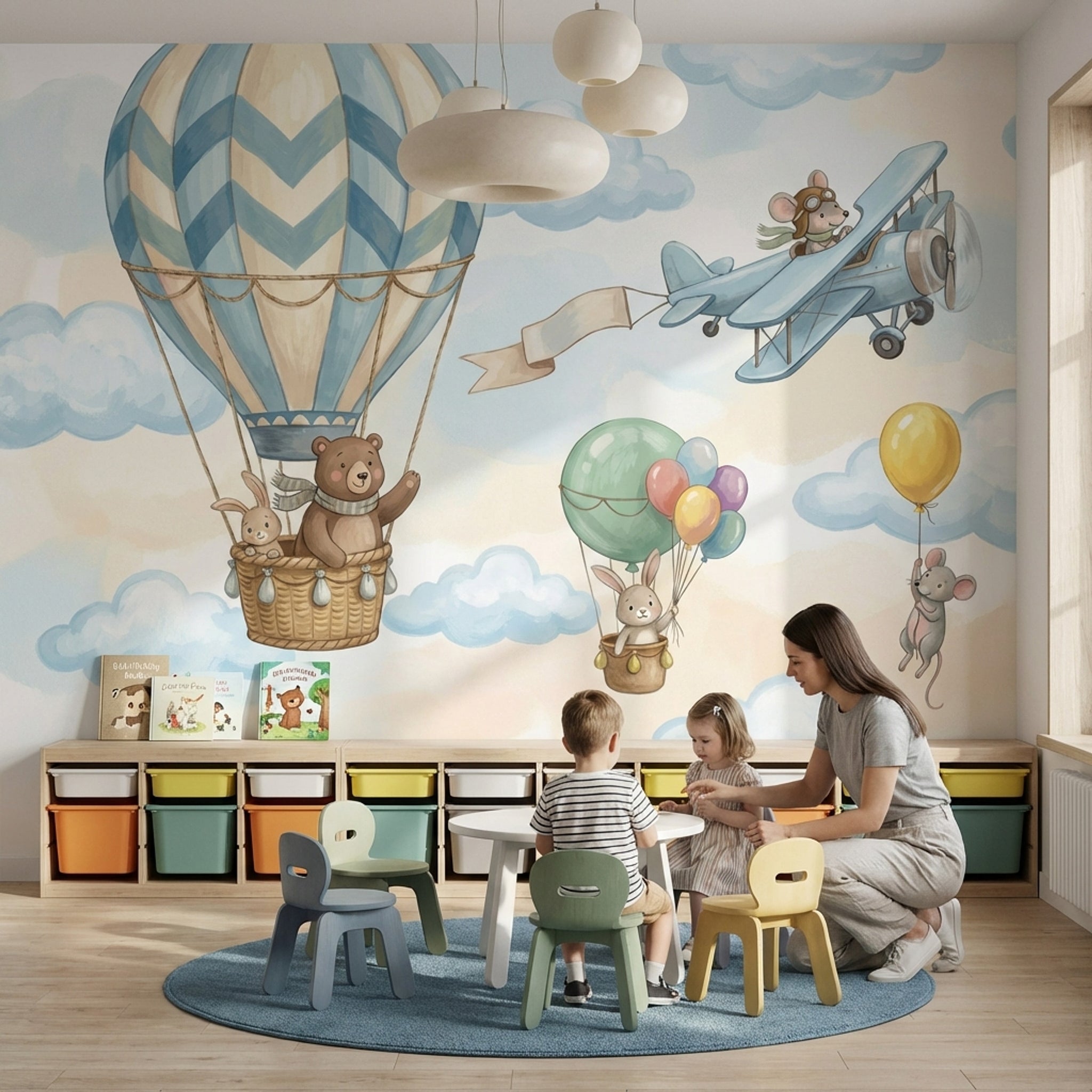 Balon ve Uçaklı Poster Duvar Kağıdı Mavi Çocuk Odası