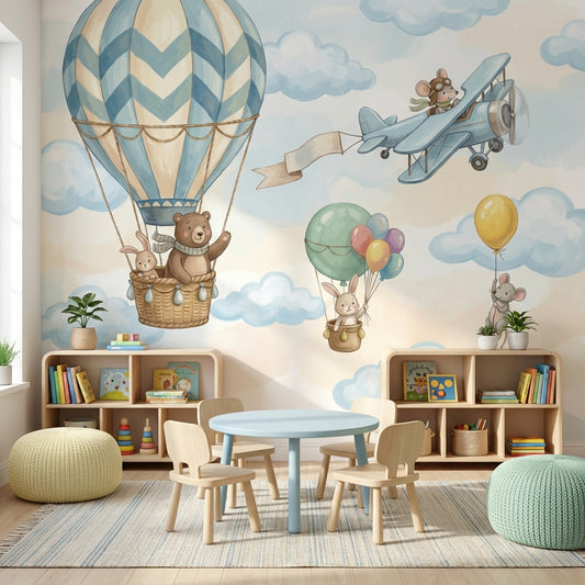 Balon ve Uçaklı Poster Duvar Kağıdı Mavi Çocuk Odası