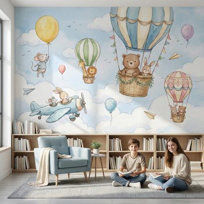 Balonlu Hayvanlar Poster Duvar Kağıdı Pastel Mavi Çocuk Odası