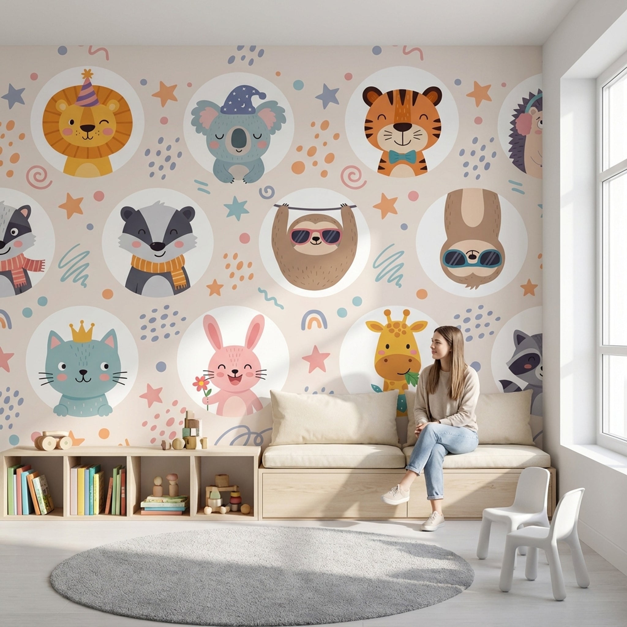 Sevimli Hayvan İllüstrasyonlu Poster Duvar Kağıdı Pastel Çocuk Odası