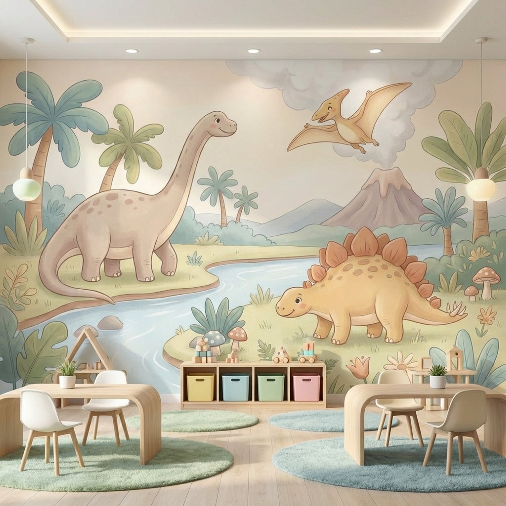 Dinozor Ormanı Poster Duvar Kağıdı Pastel Yeşil Çocuk Odası