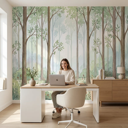 Sulu Boya Orman Poster Duvar Kağıdı Yeşil Salon Dekoru