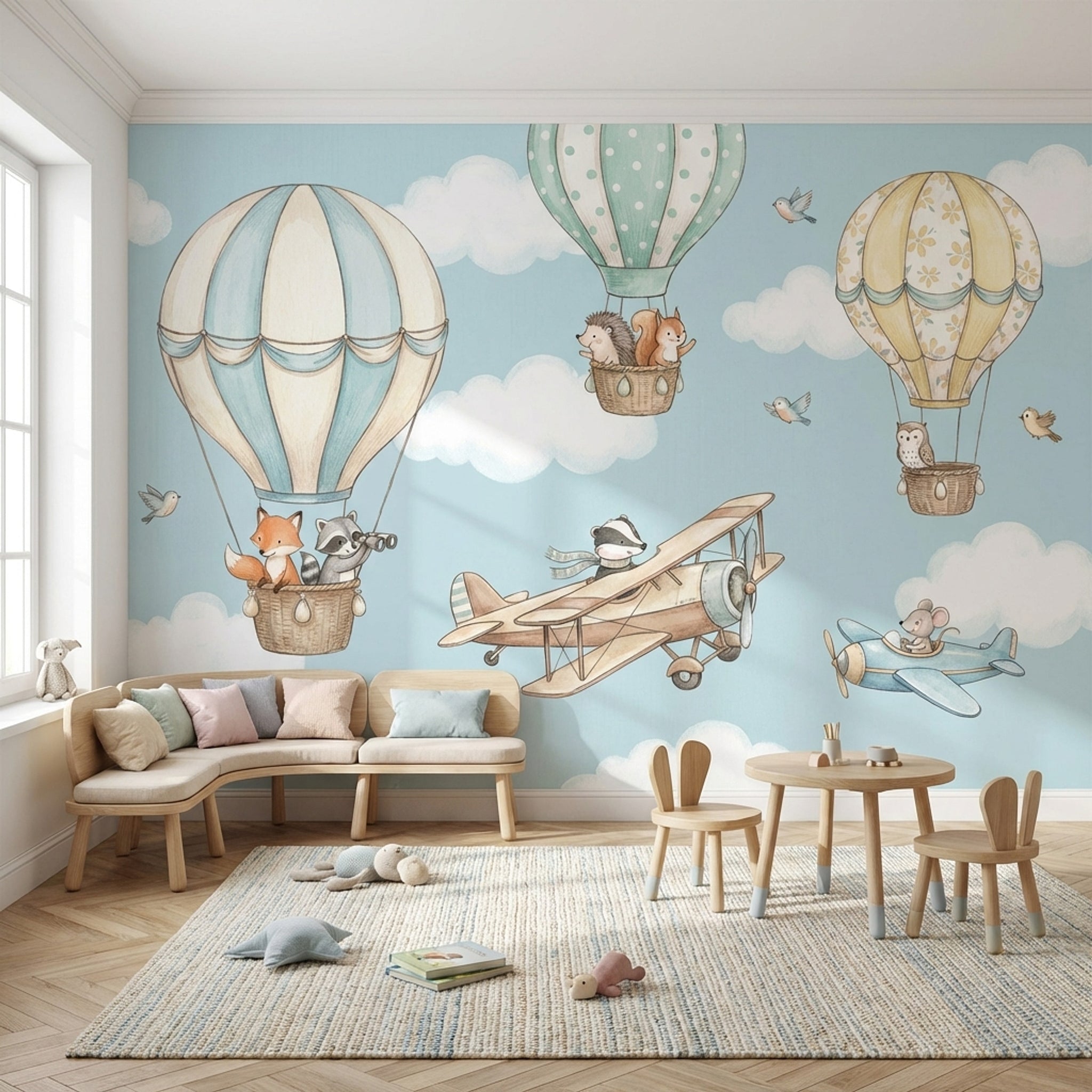 Uçan Balonlu Hayvanlı Poster Duvar Kağıdı Mavi Çocuk Odası