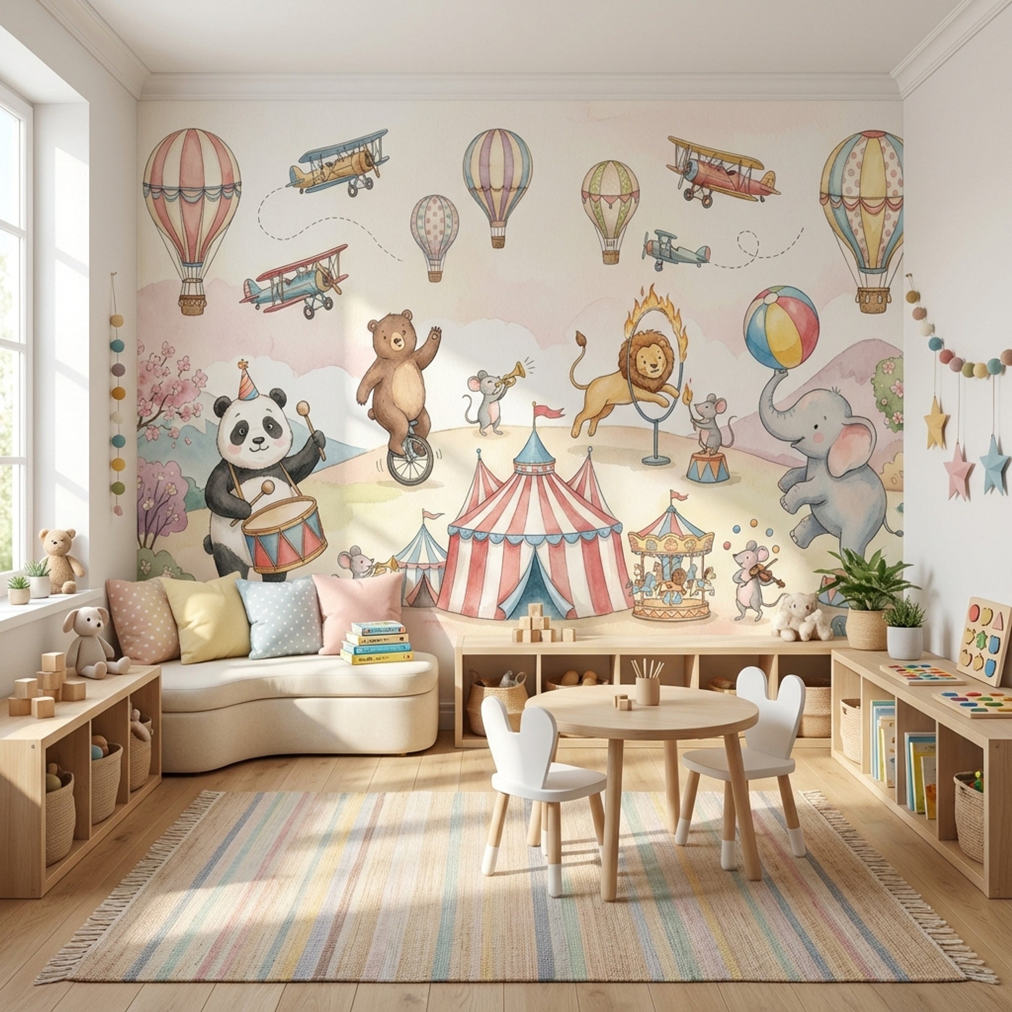 Sirk Hayvanlı Poster Duvar Kağıdı Pastel Çocuk Odası Desenli