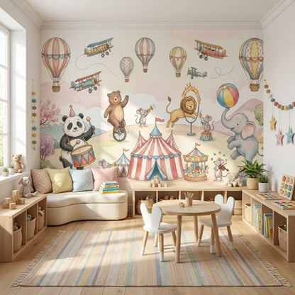 Sirk Hayvanlı Poster Duvar Kağıdı Pastel Çocuk Odası Desenli