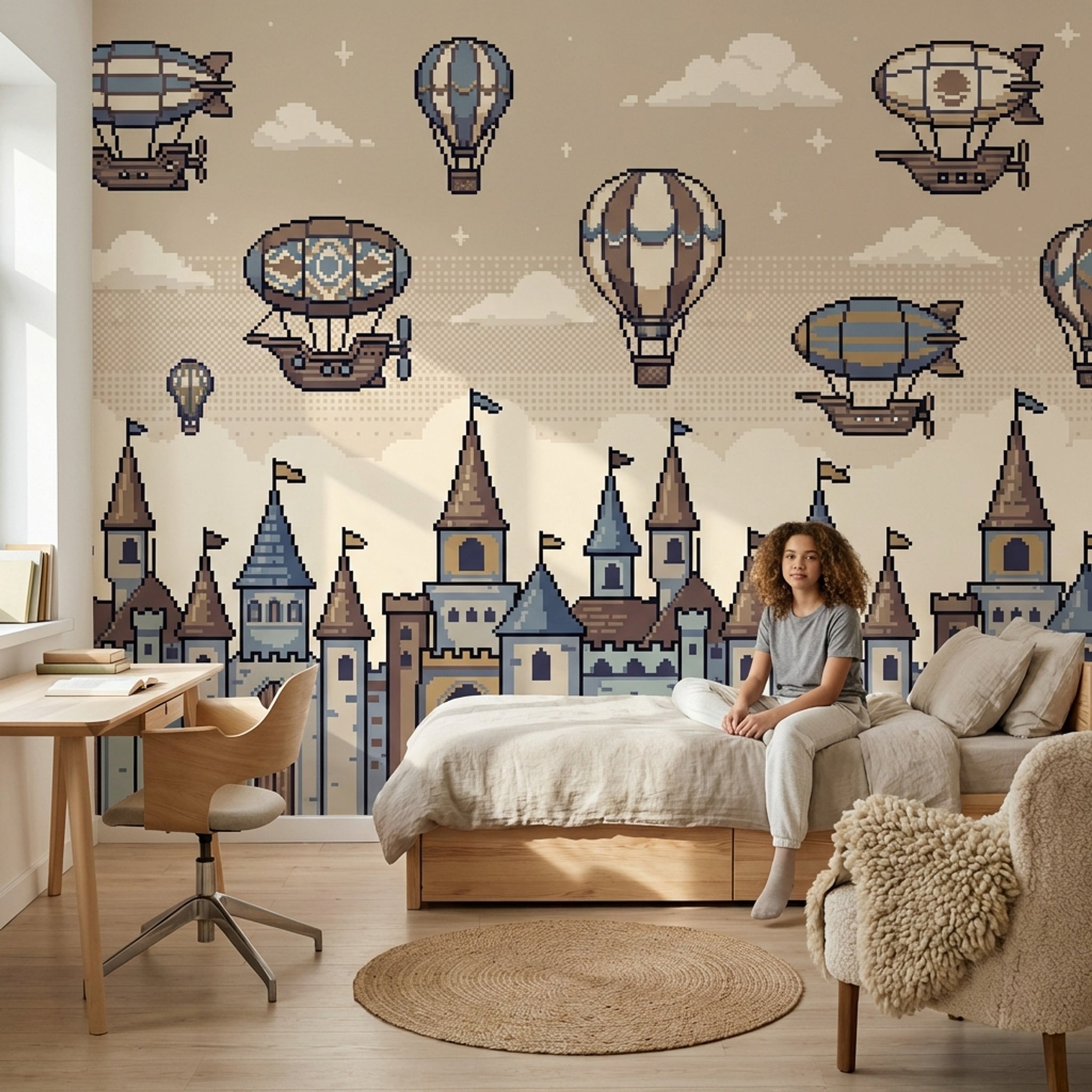 Balon ve Kale Desenli Poster Duvar Kağıdı Çocuk Odası Bej