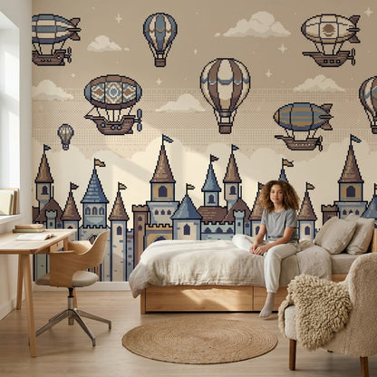 Balon ve Kale Desenli Poster Duvar Kağıdı Çocuk Odası Bej