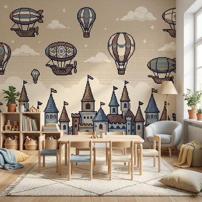 Balon ve Kale Desenli Poster Duvar Kağıdı Çocuk Odası Bej