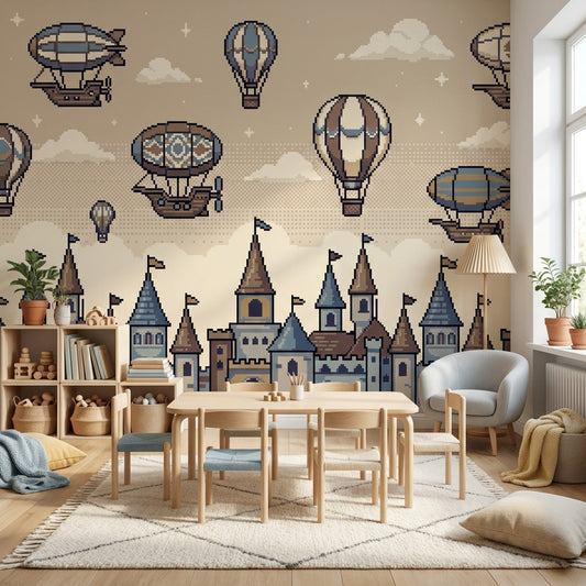Balon ve Kale Desenli Poster Duvar Kağıdı Çocuk Odası Bej