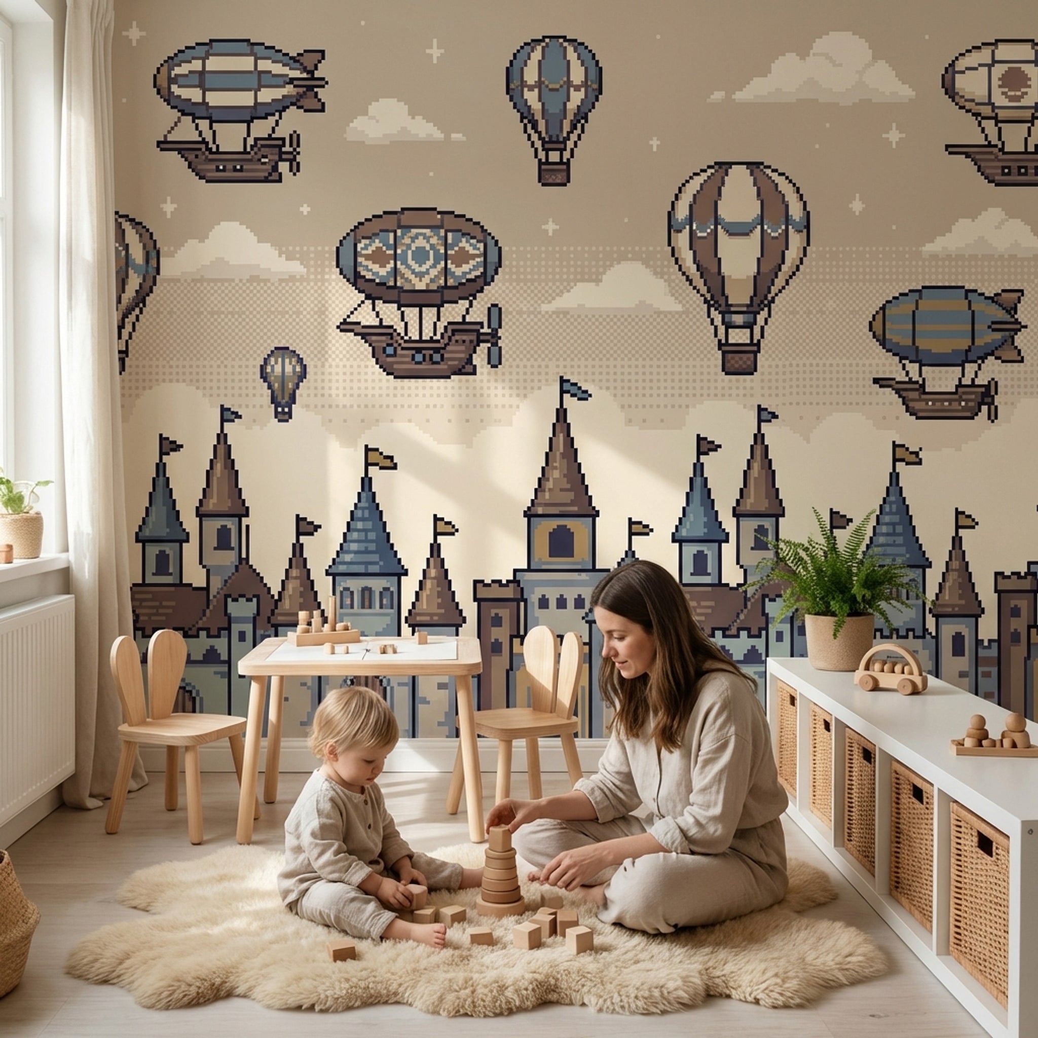 Balon ve Kale Desenli Poster Duvar Kağıdı Çocuk Odası Bej