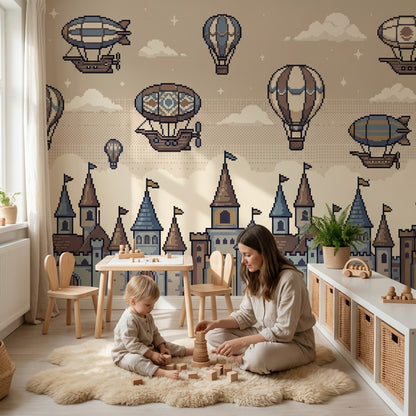 Balon ve Kale Desenli Poster Duvar Kağıdı Çocuk Odası Bej