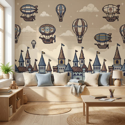 Balon ve Kale Desenli Poster Duvar Kağıdı Çocuk Odası Bej