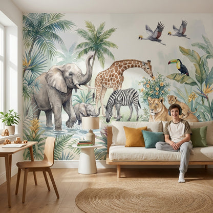 Safari Hayvanlı Poster Duvar Kağıdı Yeşil Çocuk Odası