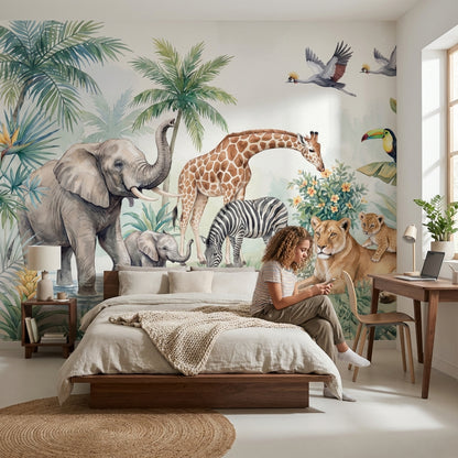 Safari Hayvanlı Poster Duvar Kağıdı Yeşil Çocuk Odası