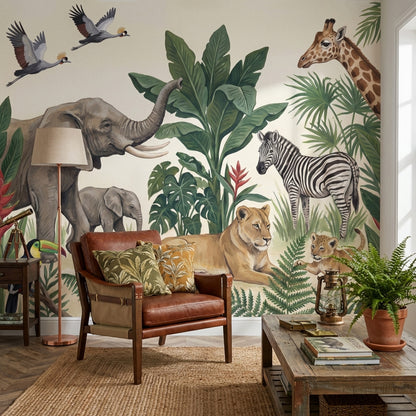 Safari Hayvanlı Poster Duvar Kağıdı Yeşil Tropikal Yapraklı