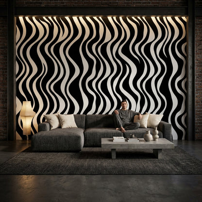 Siyah Beyaz Dalgalı Çizgili Poster Duvar Kağıdı Modern Salon