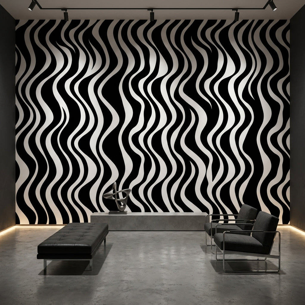Siyah Beyaz Dalgalı Çizgili Poster Duvar Kağıdı Modern Salon