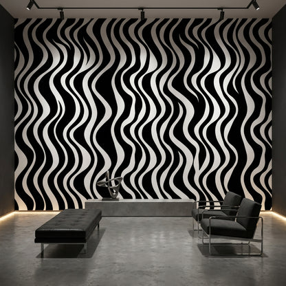 Siyah Beyaz Dalgalı Çizgili Poster Duvar Kağıdı Modern Salon