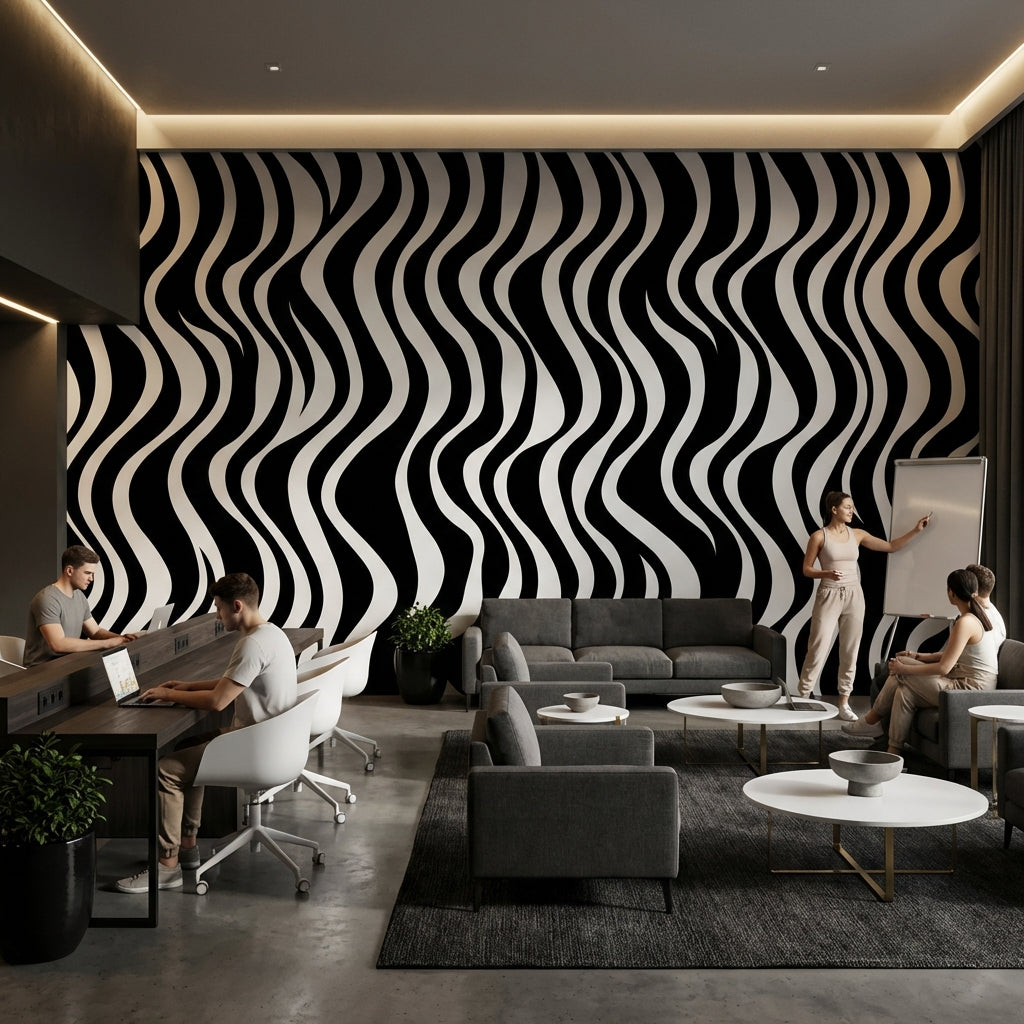Siyah Beyaz Dalgalı Çizgili Poster Duvar Kağıdı Modern Salon