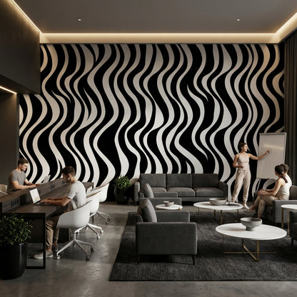 Siyah Beyaz Dalgalı Çizgili Poster Duvar Kağıdı Modern Salon