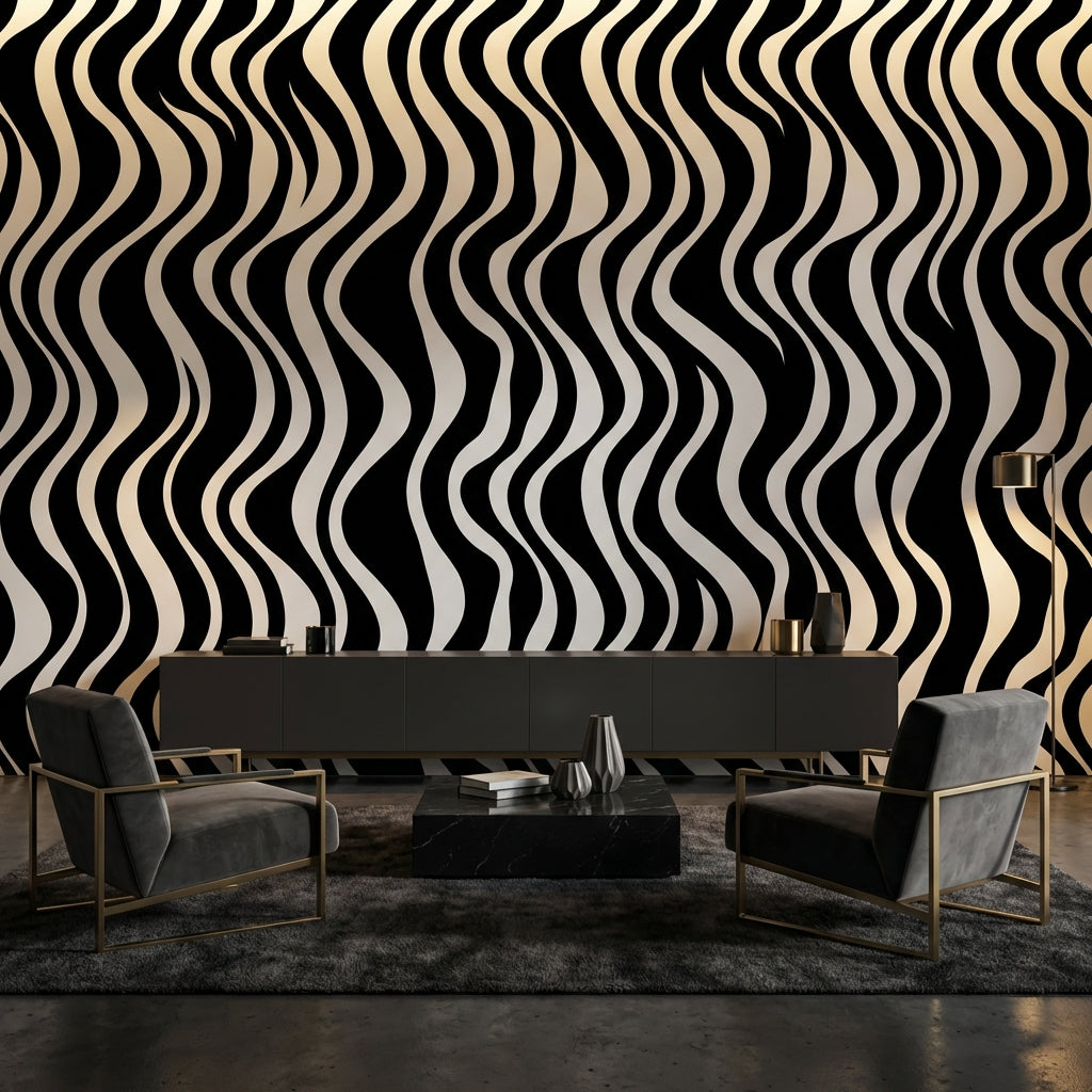 Siyah Beyaz Dalgalı Çizgili Poster Duvar Kağıdı Modern Salon