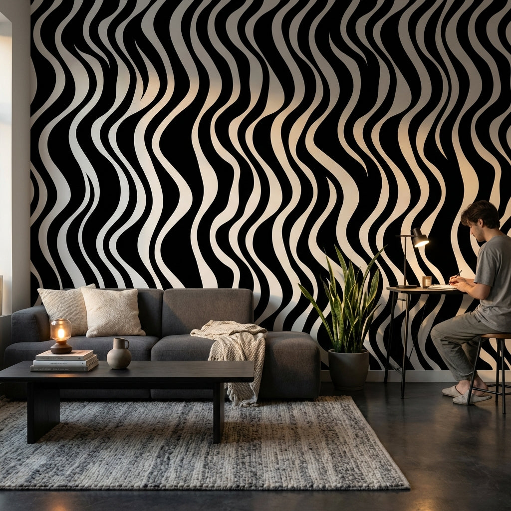 Siyah Beyaz Dalgalı Çizgili Poster Duvar Kağıdı Modern Salon