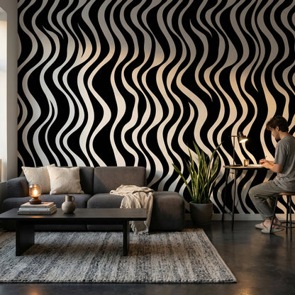 Siyah Beyaz Dalgalı Çizgili Poster Duvar Kağıdı Modern Salon