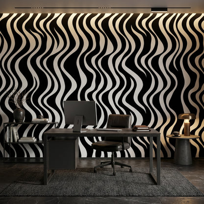 Siyah Beyaz Dalgalı Çizgili Poster Duvar Kağıdı Modern Salon