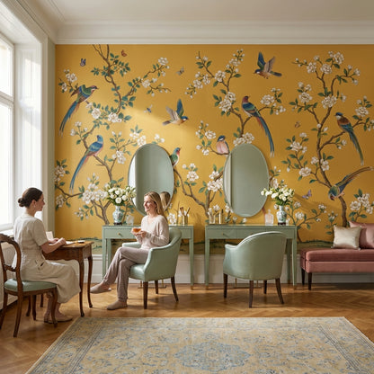 Çiçekli Dallarda Kuşlar Poster Duvar Kağıdı Sarı Salon