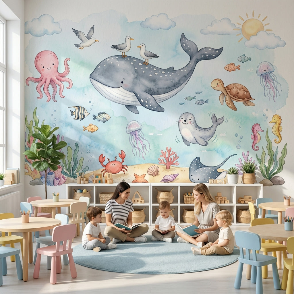 Deniz Hayvanları Poster Duvar Kağıdı Pastel Çocuk Odası Desenli