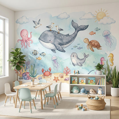 Deniz Hayvanları Poster Duvar Kağıdı Pastel Çocuk Odası Desenli