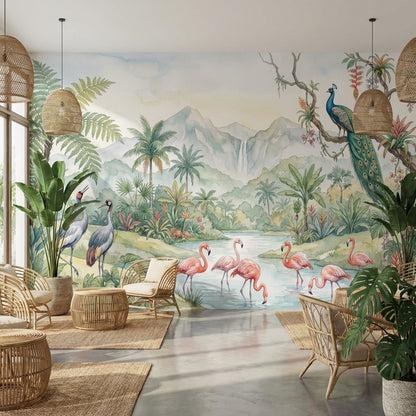 Tropikal Flamingo ve Tavuskuşu Poster Duvar Kağıdı Salon