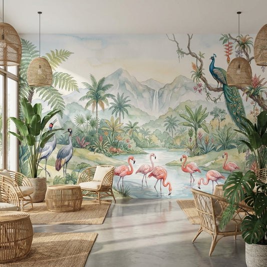 Tropikal Flamingo ve Tavuskuşu Poster Duvar Kağıdı Salon