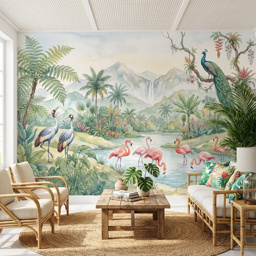 Tropikal Flamingo ve Tavuskuşu Poster Duvar Kağıdı Salon
