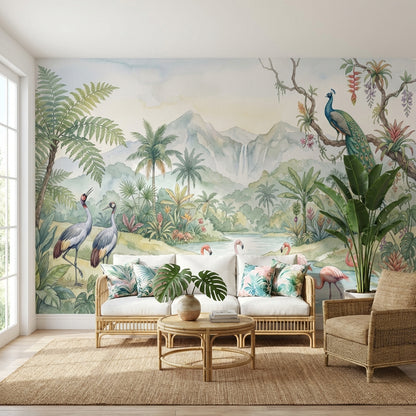 Tropikal Flamingo ve Tavuskuşu Poster Duvar Kağıdı Salon