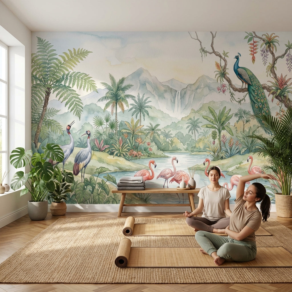 Tropikal Flamingo ve Tavuskuşu Poster Duvar Kağıdı Salon