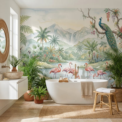 Tropikal Flamingo ve Tavuskuşu Poster Duvar Kağıdı Salon