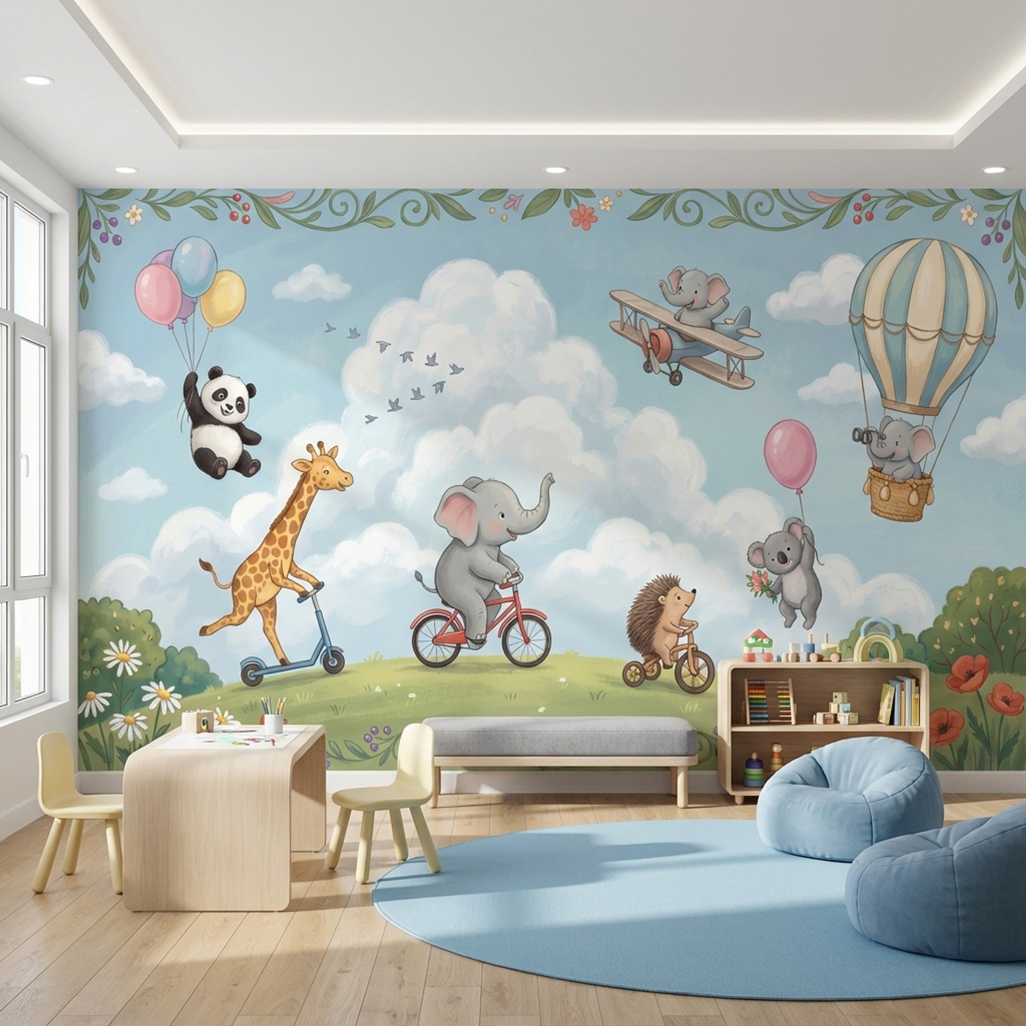 Bulutlu Gökyüzü Hayvanlı Poster Duvar Kağıdı Bebek Odası