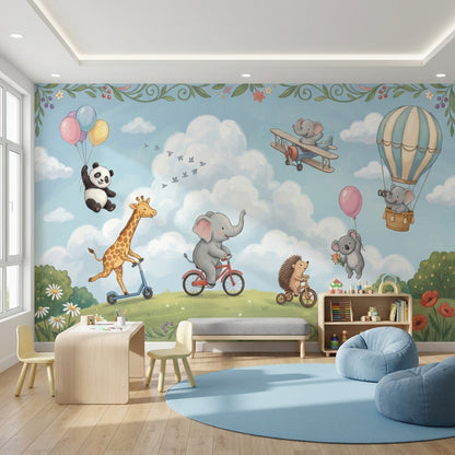Bulutlu Gökyüzü Hayvanlı Poster Duvar Kağıdı Bebek Odası