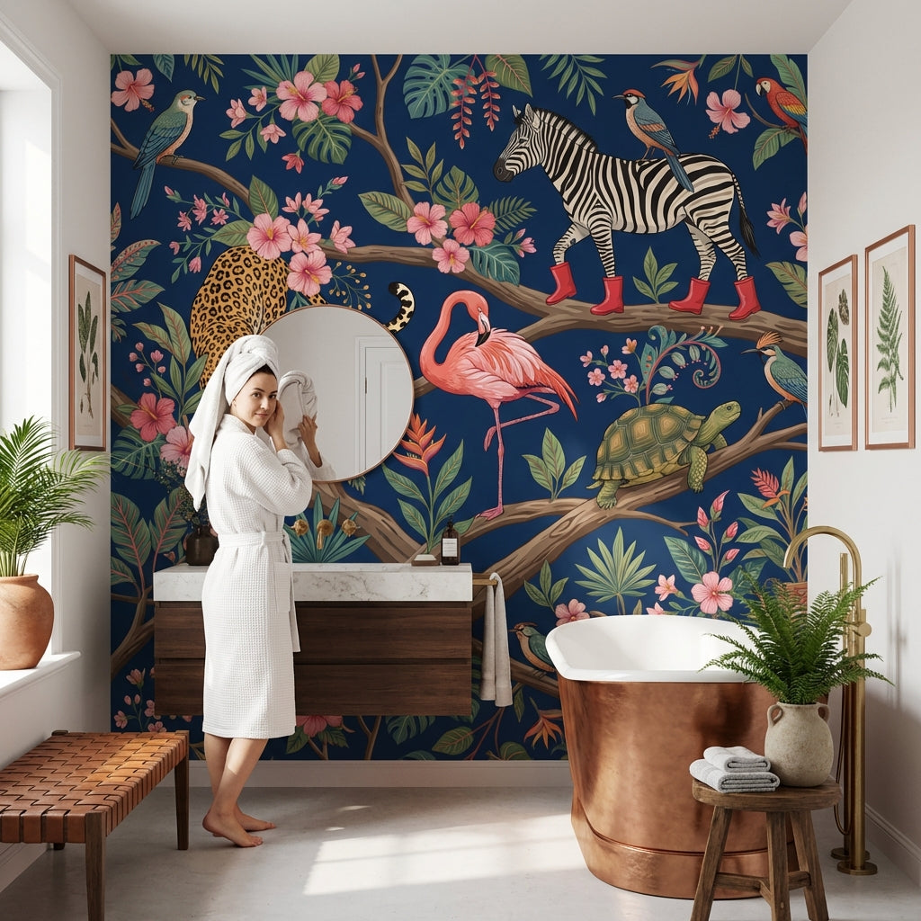 Tropikal Safari Hayvanlı Poster Duvar Kağıdı Lacivert Salon