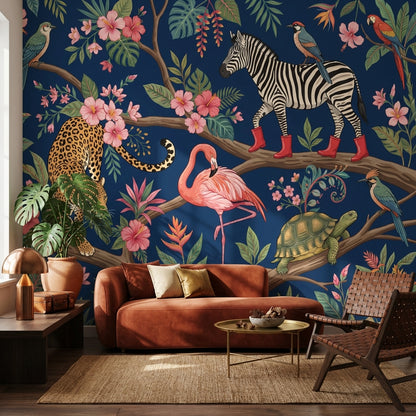 Tropikal Safari Hayvanlı Poster Duvar Kağıdı Lacivert Salon