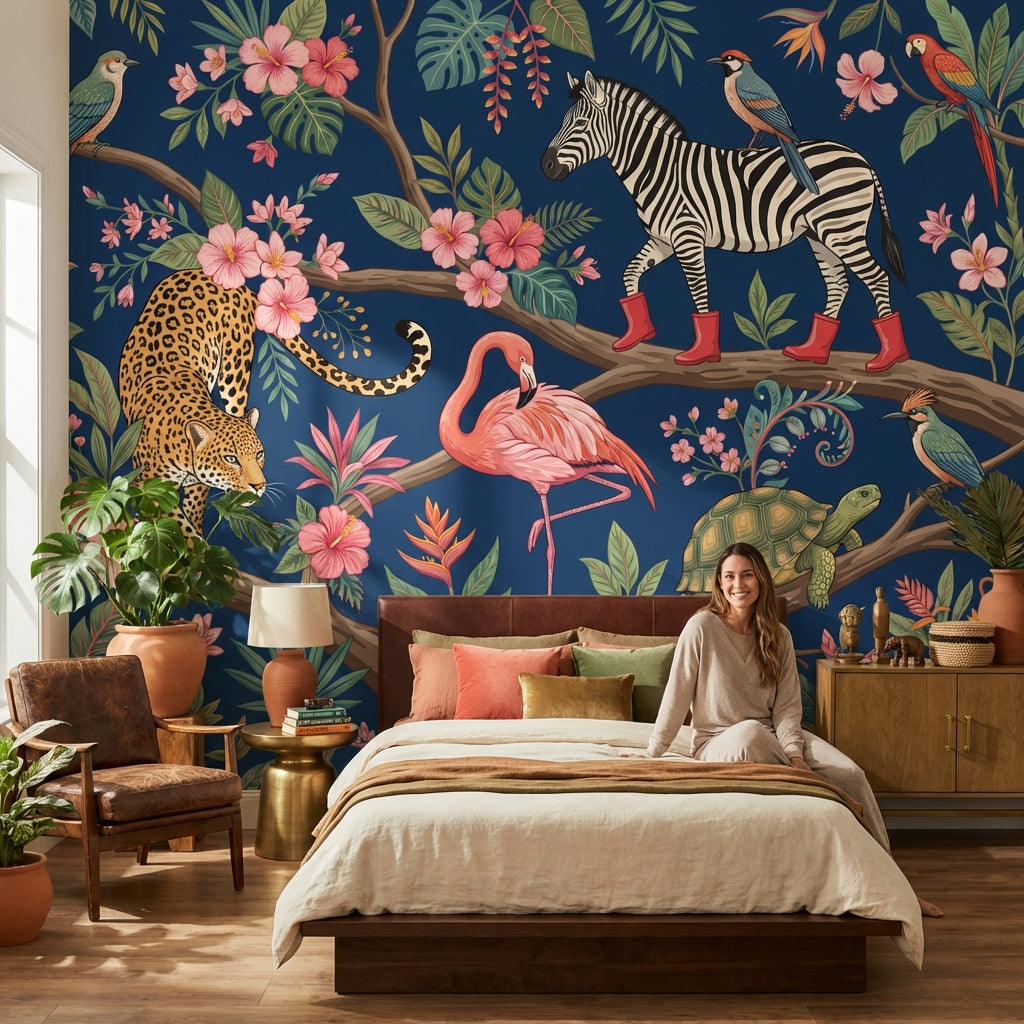 Tropikal Safari Hayvanlı Poster Duvar Kağıdı Lacivert Salon