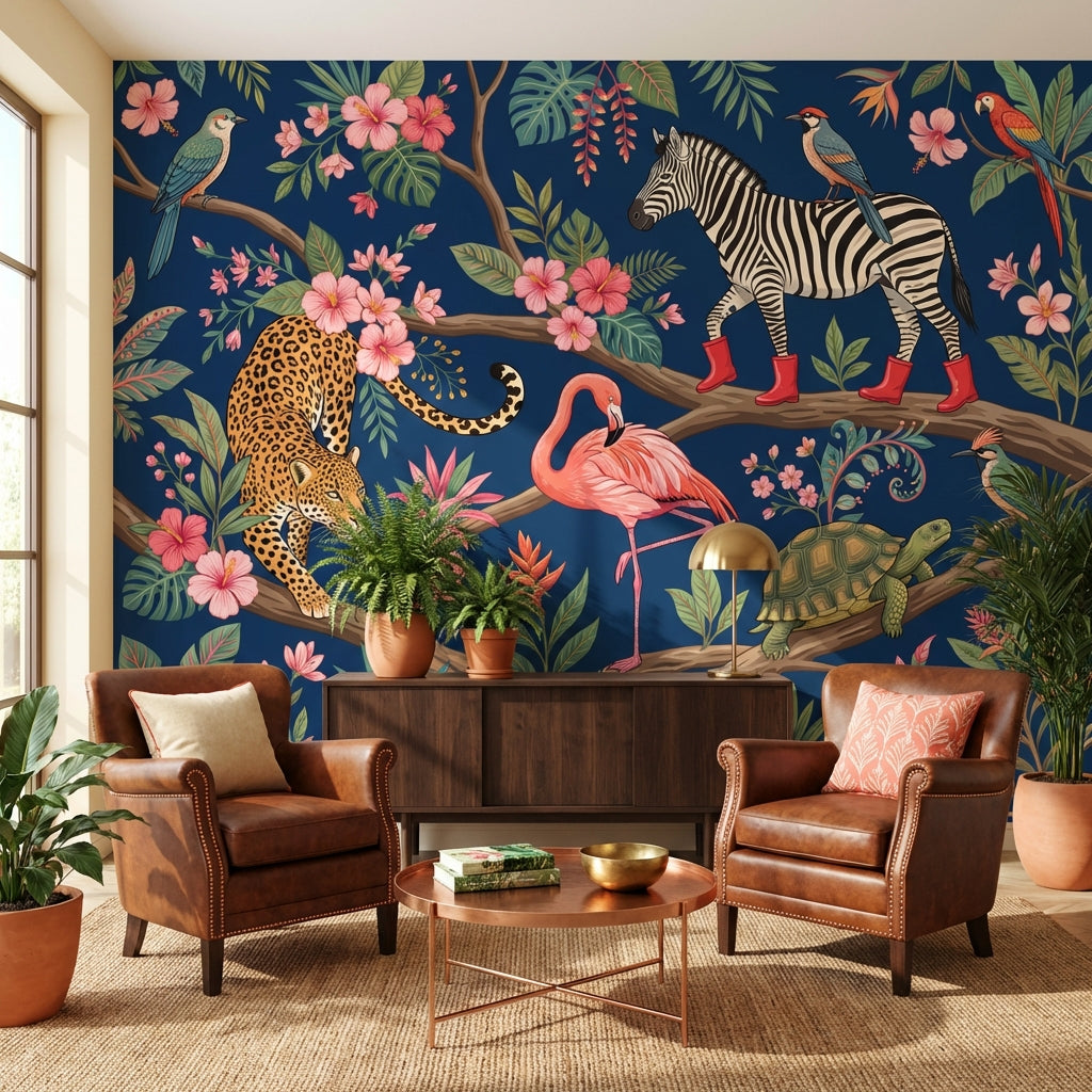 Tropikal Safari Hayvanlı Poster Duvar Kağıdı Lacivert Salon