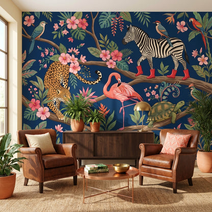 Tropikal Safari Hayvanlı Poster Duvar Kağıdı Lacivert Salon