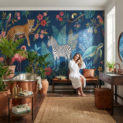 Safari Hayvanlı Poster Duvar Kağıdı Lacivert Tropikal Orman Salon